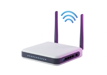 Photo of a sleek white and gray wifi router with blue signal waves is isolated on transparent background, representing modern wireless internet technology