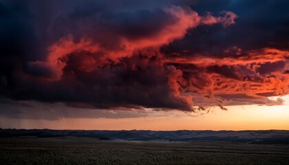 Obraz premium dramatic red sky with dark storm clouds creating an ominous atmosphere