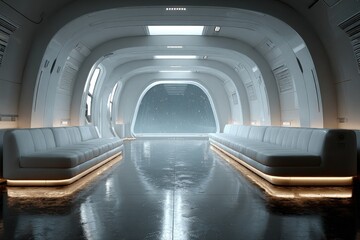 Spaceship Interior A sleek silver podium in a spaceship empty designed stars visible outside