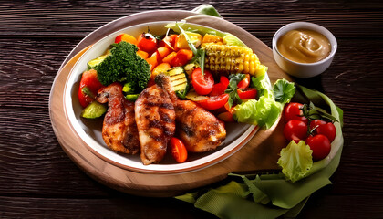 Fototapeta premium Grilled Chicken with Roasted Potatoes and Fresh Vegetables on Plate