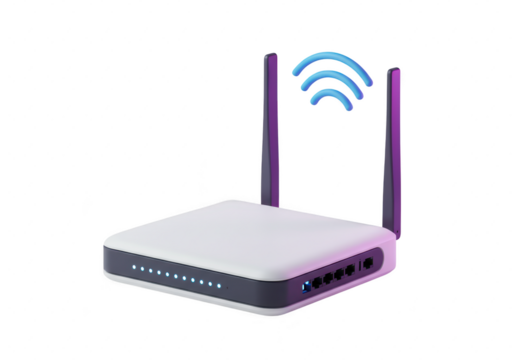Photo of a sleek white and gray wifi router with blue signal waves is isolated on transparent background, representing modern wireless internet technology - Powered by Adobe