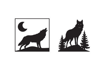 Silhouette of a wolf howling at the moon and a wolf standing in a forest