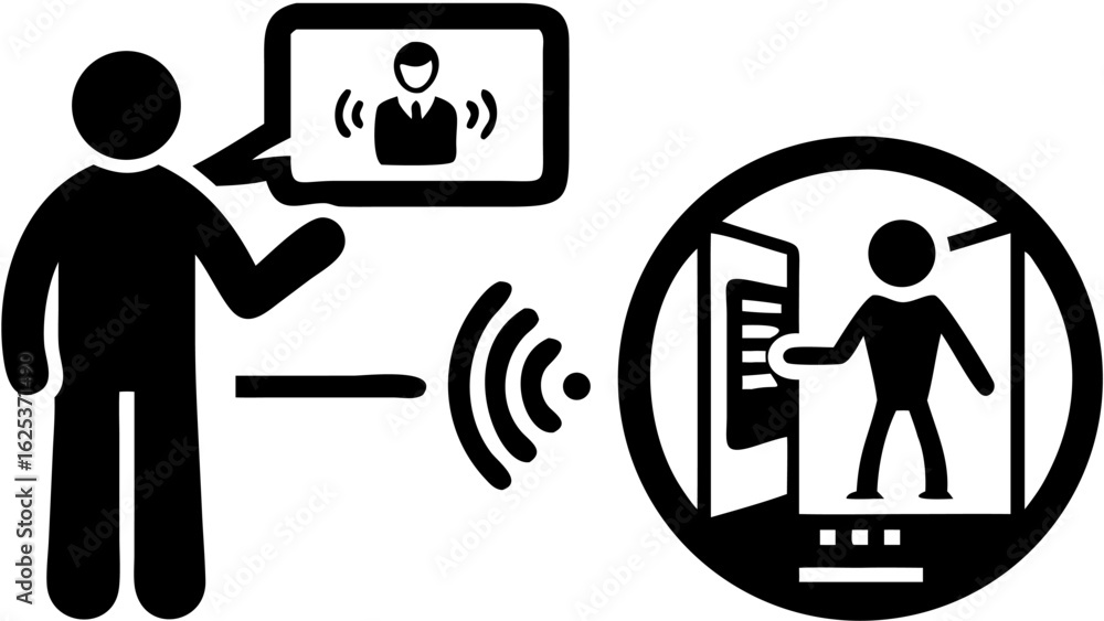 Poster a person having a video call with another person who is at the door using a smart home system device