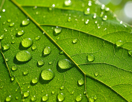 Makroaufnahme eines frischen gr&uuml;nen Blattes mit Wassertropfen &ndash; Naturdetail