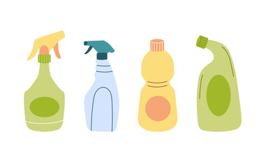 Cleaning supplies set. Home chemical detergent in bottles.