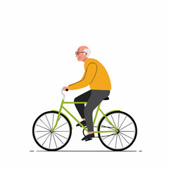 Naklejka premium Elderly man riding green bicycle in casual attire 