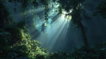Obraz premium Dark rainforest, sun rays through the trees, rich jungle greenery. Atmospheric fantasy forest. 3D illustration.