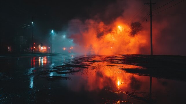 Dark night street, wet asphalt, neon reflection in water, smoke, smog.