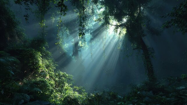 Dark rainforest, sun rays through the trees, rich jungle greenery. Atmospheric fantasy forest. 3D illustration.