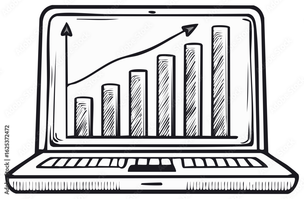 Poster laptop displaying growth chart with bar graph and upward arrow icon