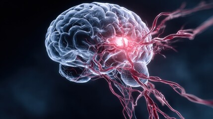 Detailed medical illustration of brain stroke with highlighted affected area and neural connections.