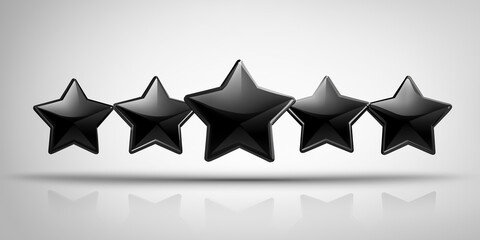 高評価を表す黒いスター列　広告用余白付き、光沢ブラックの星型バッジ　レビュー・ランキング素材