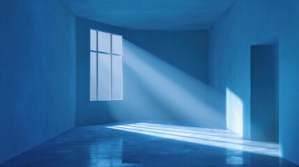 Obraz premium A blue room with a light shining on it.