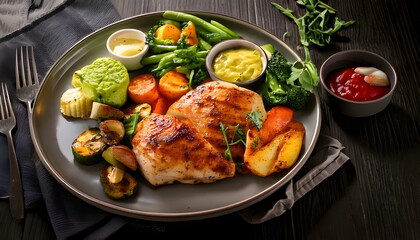 Grilled Chicken with Roasted Potatoes and Fresh Vegetables on Plate