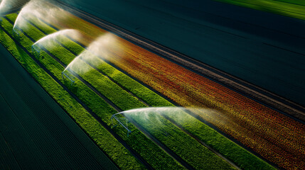Modern Irrigation System on Lush Green Farmland – Aerial View. Aerial view of modern irrigation system watering vibrant green agricultural field. Precision farming, sustainable agriculture, 