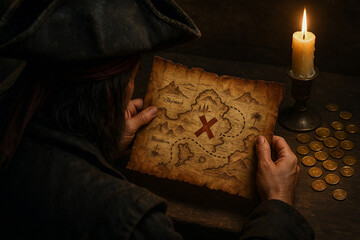 Pirate holding ancient treasure map marked with red X near candle and gold coins on wooden table in dark room.