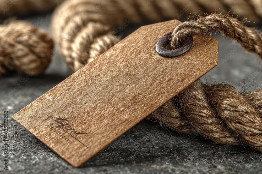 Poster kraft paper tag attached to a brown rope lying on a gray fabric creating a rustic and natural produc