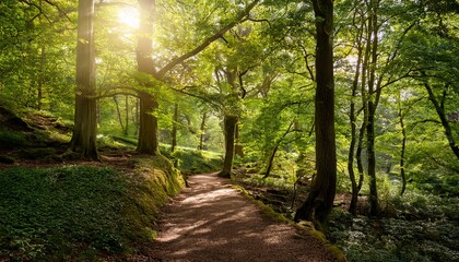 sun dappled forest path winds through lush green canopy dappled sunlight filtering through leaves creating magical atmosphere perfect for summer nature travel and adventure themes light flora