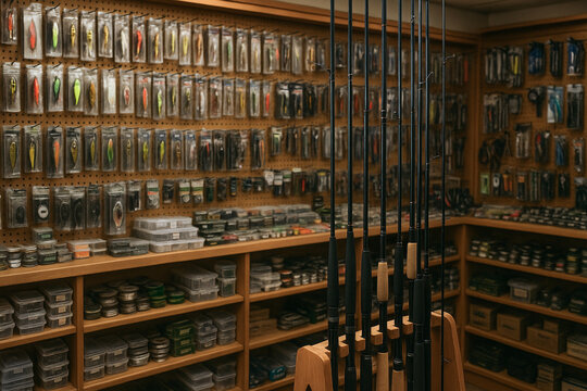 Fishing gear store interior with shelves of rods, reels, lures, and tackle boxes background.