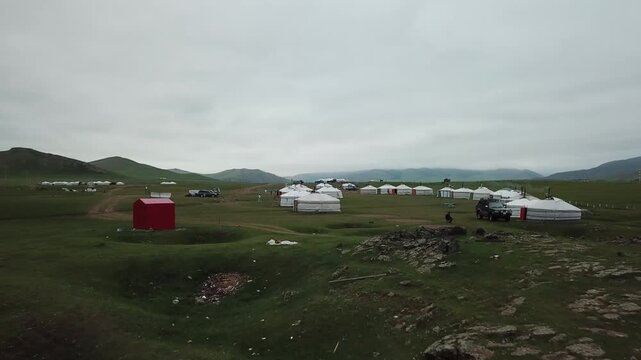 Aerial view of a campsite constituted of traditional gers in the steppes of the Orkhon valley in Central Mongolia.