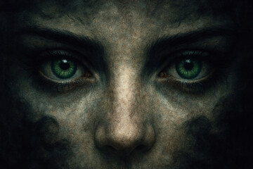 Naklejka premium Close up of a mysterious female face with intense green eyes and textured, smoky skin in a dark, surreal atmosphere.