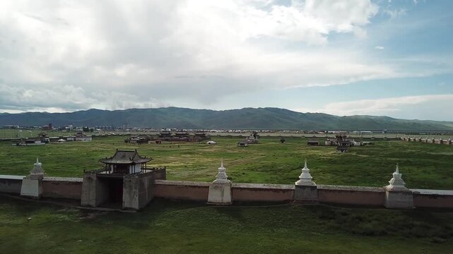 Aerial view of Erdene Zuu in the former Mongolian capital city of Kharakorum.
