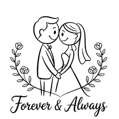 Obraz premium Wedding Embrace: A tender moment captured in a monochrome illustration: a bride and groom, hand-in-hand, enveloped by a floral wreath and the promise of Forever & Always.