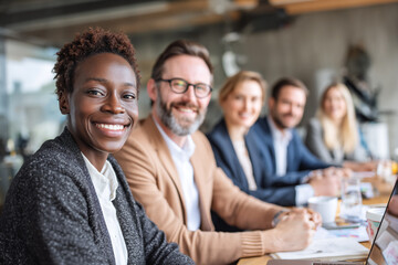 Diverse team smiles brightly during office meeting. Happy, modern, and professional for business branding, presentations, and website content.