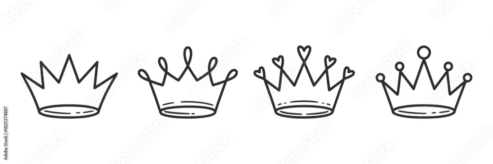Poster elegant crown icons set depicting royalty and authority with sharp points and smooth curves in a min