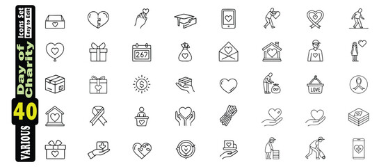 International Day of Charity icons set with hearts and helping hands donation giving