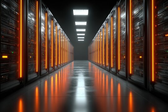 Row of servers in data center showing data processing and information storage for cloud computing and artificial intelligence