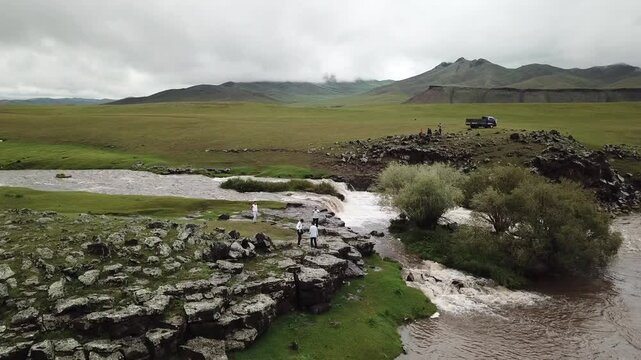Aerial view of a small river in the Orkhon valley in Mongolia.