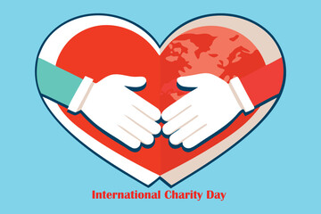 Two hands shaking inside a red heart with a globe graphic on a blue background charity