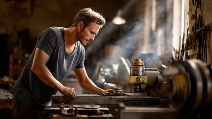 A worker operates a lathe in a well-lit workshop