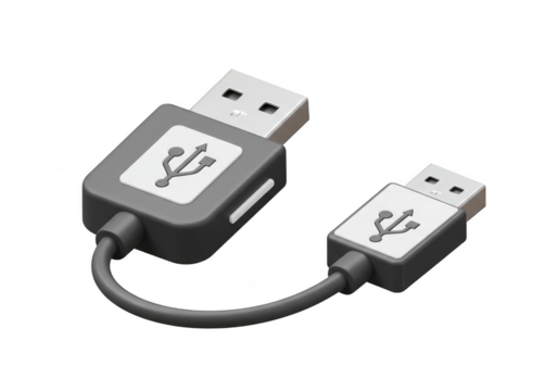 Photo of a gray usb cable with connectors is isolated on transparent background, representing modern technology and data transfer capabilities