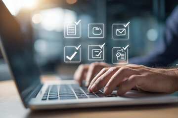 White glowing checklist overlay on typing laptop. Flat design. Online form submission, task management, surveys.