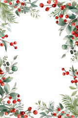Obraz premium Watercolor Christmas border with red berries, pine and eucalyptus. Holiday foliage concept. 