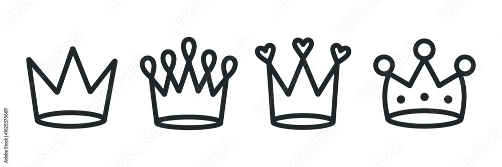Poster elegant crown icons set depicting royalty and authority with sharp points and smooth curves in a min
