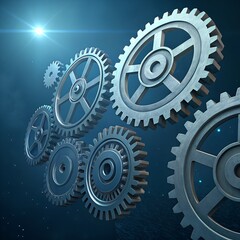 Low-angle shot of a collection of large, metallic gears. They appear to be made of steel or a similar alloy, with visible wear and a slightly grimy texture. The gears are arranged in a row.