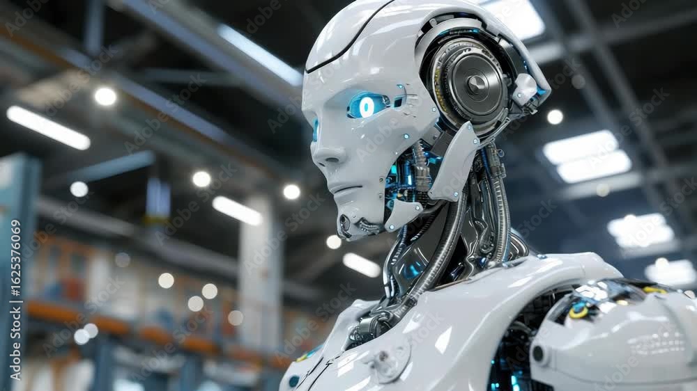 Poster modern robot with human-like features standing in warehouse, suggesting advanced ai integration for 