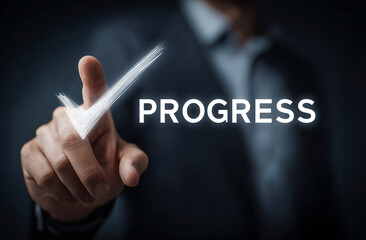Business Progress: Man's Hand Selects Virtual Check Mark on Screen; concept for technology, business goals, personal development, success.