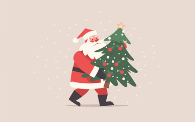 Santa Claus carrying decorated Christmas tree. Holiday tradition concept.
