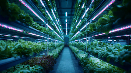 High-Tech Vertical Farm with LED Lighting. Smart Agriculture in Action. Futuristic indoor vertical farm illuminated with blue LED grow lights, showcasing rows of
 leafy greens. Sma