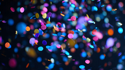Colorful confetti and light bubbles floating in slow-motion against dark background, Holiday marketing, event promotion, social media celebration posts, music video backgrounds