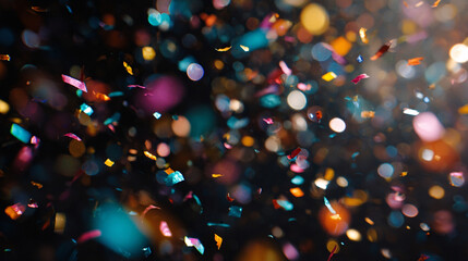 Naklejka premium Colorful confetti and light bubbles floating in slow-motion against dark background, Holiday marketing, event promotion, social media celebration posts, music video backgrounds