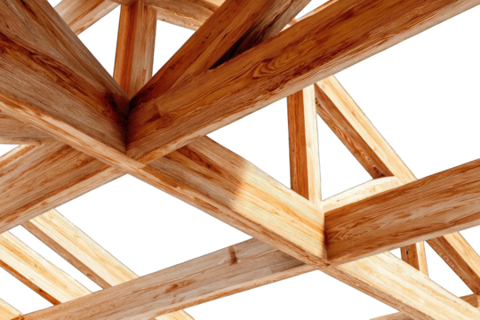 Close-up view of a wooden roof's intricate, triangular support beams