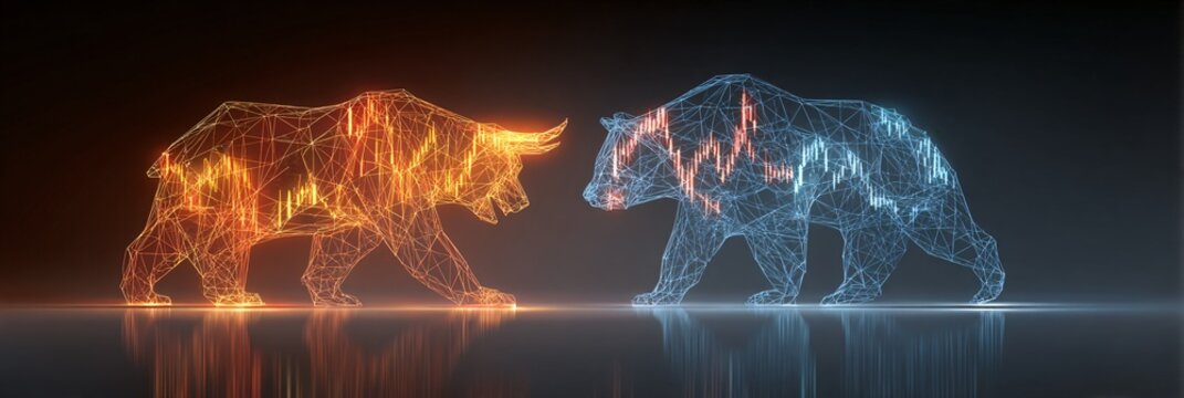 Dynamic bull and bear market symbols clash, representing financial trading and economic volatility