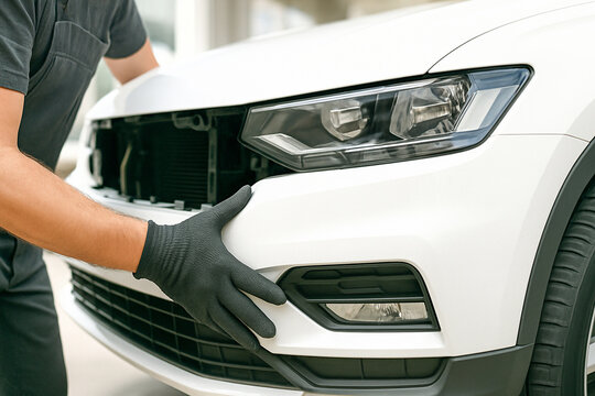 Mechanic installing front bumper on white car close up background.