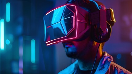 Gamer Wearing VR Headset in Neon Metaverse Environment
