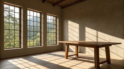 A sun drenched rustic dining table invites gatherings bathed in morning light streaming through grand windows